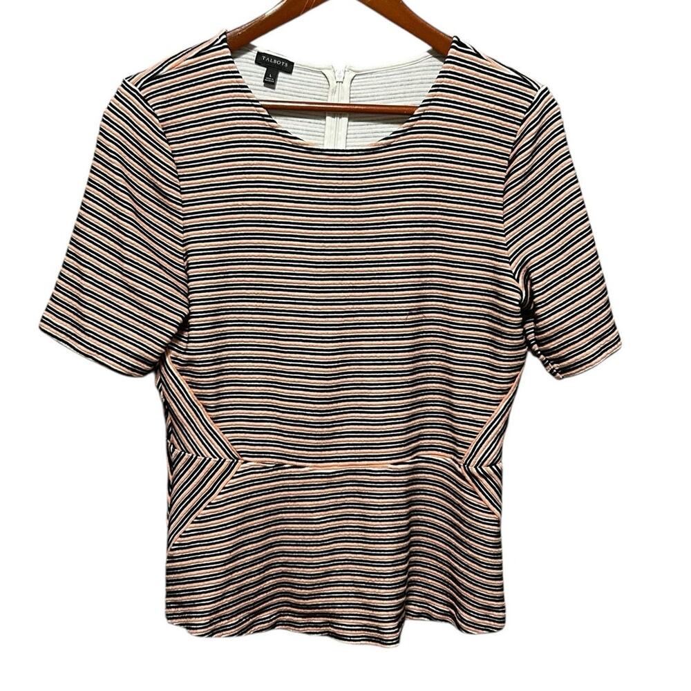 Talbots Women L Striped Peplum Top Black Orange Short Sleeve Zip Back‎ Preppy